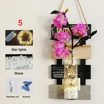 Naujai Kaimiškas Medinės Sienos Kabo Dekoro su LED String Žibintai Dirbtinės Gėlės Modernus Gyvenamasis Kambarys ir Miegamasis TE88