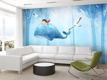 Naujas Custom didelės freskos 3D tapetai, Mielas animacinių filmų Flying fish seagul vaikų miegamasis freskos TV atgal sienų dekoras giliai 5D iškilumo
