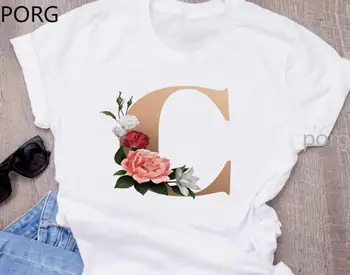 Naujas Custom Pavadinimas Laišką Derinys Mados Moterų Geros Kokybės Spausdinimo T-shirt Gėlių Raidė A B C D E F G Trumpas Rankovės Kawaii