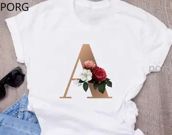 Naujas Custom Pavadinimas Laišką Derinys Mados Moterų Geros Kokybės Spausdinimo T-shirt Gėlių Raidė A B C D E F G Trumpas Rankovės Kawaii
