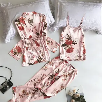 Naujas Mados 3PCS Pižama Rinkinys Sexy Gėlių Spausdinti Sleepwear Moterys Vasarą Šviežios Pižama Moterims Gilia V Skraiste, Miego, Poilsio