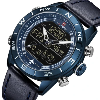 Naujas NAVIFORCE Prekės ženklo Mados Blue Men Sporto Laikrodžiai LED Analoginis Skaitmeninis Žiūrėti Kariuomenės Karinių Odos Kvarco Žiūrėti Relogio Masculino