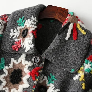 Naujas Spausdinti Vilnos Atvartas Išsiuvinėti Kailiniai Paltai Rudenį, Žiemą, su Kišenėmis 2020 Moterų Mados Granulių Avių Tyli Outwear