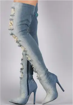 Naujausias Mados Atsitiktinis Moterų ilgi Batai Džinsinio audinio Medžiaga su skylėmis Unikali asmenybė ploni kulniukai aukšti kulniukai pažymėjo tne batai