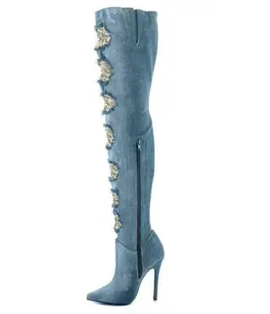Naujausias Mados Atsitiktinis Moterų ilgi Batai Džinsinio audinio Medžiaga su skylėmis Unikali asmenybė ploni kulniukai aukšti kulniukai pažymėjo tne batai