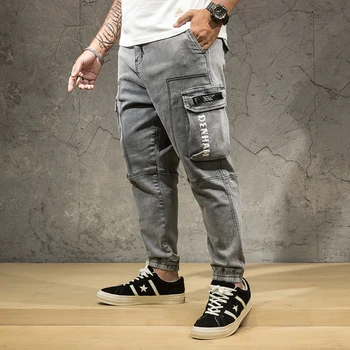 Negabaritinių Džinsai sweatpants Vyrų mados Karinių Krovinių Multi-kišenės, Baggy Atsitiktinis Kelnės Kombinezonas Kelnės Poilsiu Didelio dydžio