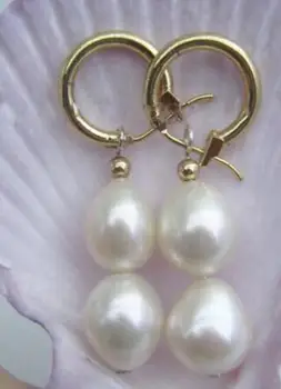 Nemokamas pristatymas>>>>noble jewelry gamtos 10-12MM AAA white pearl auskarai 14K/20 GELTONOS AUKSO kablys
