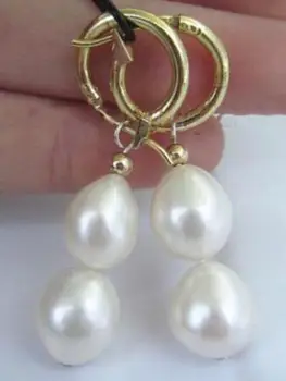 Nemokamas pristatymas>>>>noble jewelry gamtos 10-12MM AAA white pearl auskarai 14K/20 GELTONOS AUKSO kablys