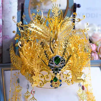 NiuShuya Perdėti Spalvingas Aukso Kinų Stiliaus Nuotakos Vestuvių Karūną Ilgai Kutas Karalienė Etape Šukuosena Nuotakos Papuošalai Phoenix