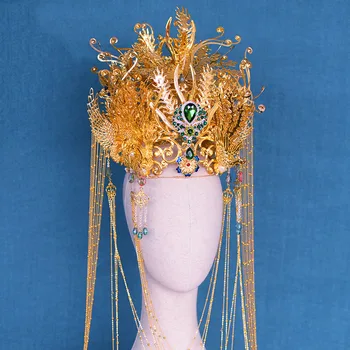 NiuShuya Perdėti Spalvingas Aukso Kinų Stiliaus Nuotakos Vestuvių Karūną Ilgai Kutas Karalienė Etape Šukuosena Nuotakos Papuošalai Phoenix