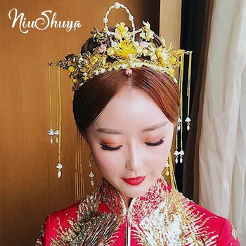 NiuShuya Tradicinės Kinų Plaukų Aksesuarai Vintage Stiliaus Kinijos Šukuosena Vinjetė Aukso Kinijos Plaukų Papuošalų Bridal Crown