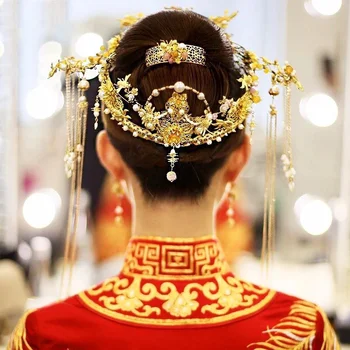 NiuShuya Tradicinės Kinų Plaukų Aksesuarai Vintage Stiliaus Kinijos Šukuosena Vinjetė Aukso Kinijos Plaukų Papuošalų Bridal Crown