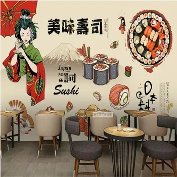 Nostalgiškas Ranka-dažytos Japonijos Grožio Suši Pramonės ir Dekoro, Sienų Tapetai, 3D Japonų Restoranas Šviesiai Geltonos Sienos Popieriaus 3D