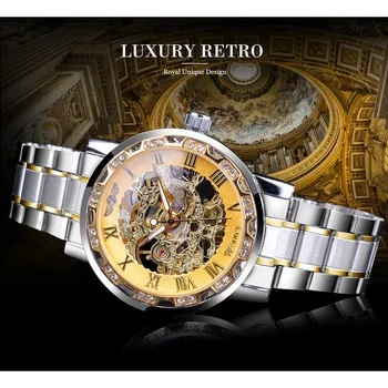 Nugalėtojas Aukso Skeletas Laikrodžiai, Prabangūs Deimantų Dizaino Sidabro, Nerūdijančio Plieno, vyriški Mechaniniai Rankiniai Laikrodžiai, Šviesos Vyrų Laikrodis