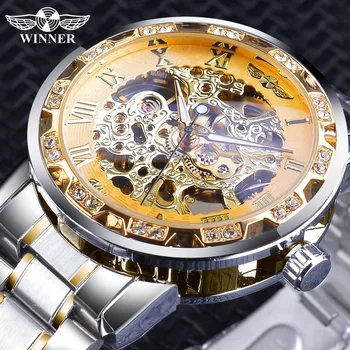 Nugalėtojas Aukso Skeletas Laikrodžiai, Prabangūs Deimantų Dizaino Sidabro, Nerūdijančio Plieno, vyriški Mechaniniai Rankiniai Laikrodžiai, Šviesos Vyrų Laikrodis