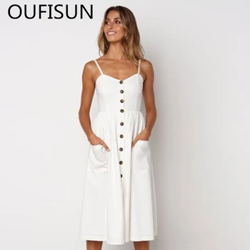 Oufisun 2020 metų Vasaros Atsitiktinis Balta Ilga Suknelė Seksualus V-kaklo Backless Slim Maix Suknelė Mados Spageti Dirželis, Kišenės Moterų Suknelės