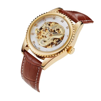 OUYAWEI Mados Golden Dragon Pažodinis Mechaninė Laikrodžius Top Brand Vyrai Žiūrėti Oda Automatinis Laikrodis Relojes Hombre