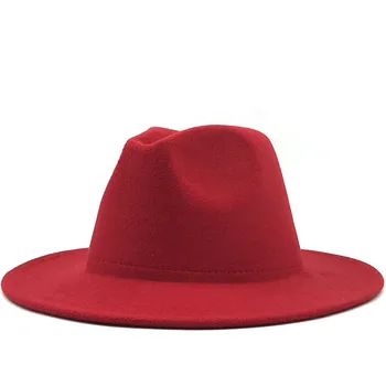 Paprastas Išorinis raudona Vidinė coffe Vilnos Veltinio Džiazo Fedora Skrybėlės su Plonu Diržo Sagtis Vyrų Pločio Kraštų Panama Trilby Bžūp 56-58CM