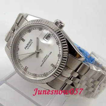 Parnis 36mm Miyota 821A Automatinė vyriški laikrodžiai moterims, safyro stiklas Baltoji ryšys Diamond-kaip ženklai, Šviečiantys SS apyrankę 599