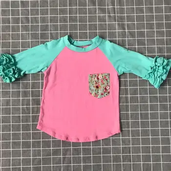 Pavasario/žiemos kūdikių mergaičių boutique top marškinėliai drabužių 3/4 rankovėmis medvilnės mėtų gėlių kišenėje vaikų raglans vaikams nešioti
