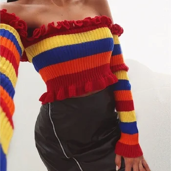 Pavasarį Moterų Palaidinukė Off Peties Pasėlių Viršuje Lady Megztinis Vaivorykštė Seksualus Megztinis Moterų Megztinis Traukti Femme Streetwear