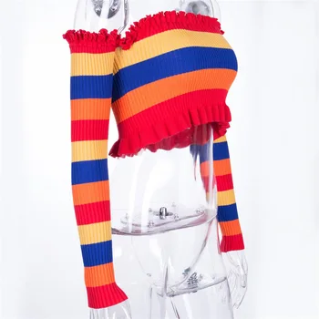 Pavasarį Moterų Palaidinukė Off Peties Pasėlių Viršuje Lady Megztinis Vaivorykštė Seksualus Megztinis Moterų Megztinis Traukti Femme Streetwear