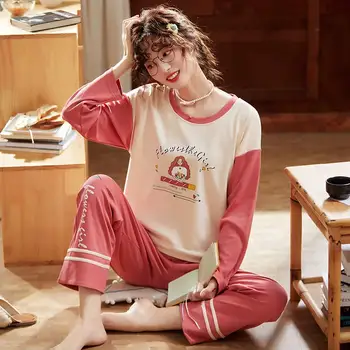 Pižama Moterų Spausdinti Ulzzang Harajuku Sleepwear Atsitiktinis Palaidų Minkštas Moterų korėjos Stiliaus Medvilnės Kawaii Pajama Komplektai Rudenį Chic