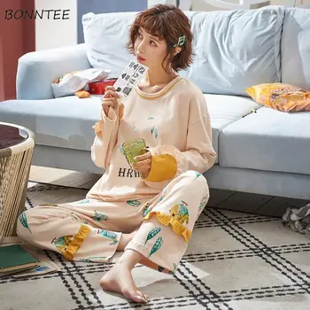 Pižama Moterų Spausdinti Ulzzang Harajuku Sleepwear Atsitiktinis Palaidų Minkštas Moterų korėjos Stiliaus Medvilnės Kawaii Pajama Komplektai Rudenį Chic