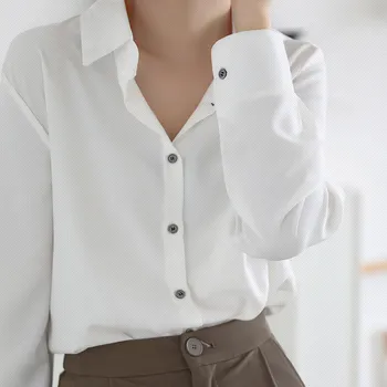 Plius Dydis, Balta Ilgomis Rankovėmis Marškinėliai Topai Ponios Elegantiškas Korėjos Office Marškinėliai Mados Mygtuką Iki Šilko Satino Marškinėliai Palaidinė Moterims 12473