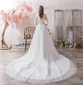 Ponia Laimėti Vestuvių Suknelė iki 2021 m. Elegantiškas O-kaklo, ilgomis Rankovėmis Teismas Traukinio Nėriniai-line Princesė Seksualus Iliuzija Vestuvių Suknelės Hs76