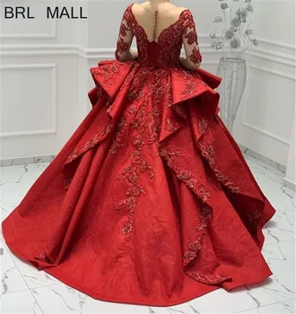 Prabanga 2020 Arabų Musulmonų Raudonos Nėrinių Vestuvių Suknelė Ilgomis Rankovėmis Kamuolys Suknelė Pavargę Peplum Mygtuką Atgal Vestuvių Suknelės Nuotaka Mariage