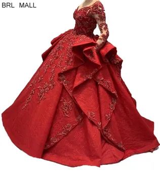 Prabanga 2020 Arabų Musulmonų Raudonos Nėrinių Vestuvių Suknelė Ilgomis Rankovėmis Kamuolys Suknelė Pavargę Peplum Mygtuką Atgal Vestuvių Suknelės Nuotaka Mariage