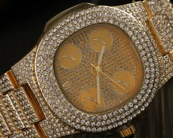 Prabangos Prekės Roko Diamond Vyrai Žiūrėti Krištolo Apyrankė Aukso Sidabro Padengtą Didelis Ciferblatas Vyrų Kvarciniai Laikrodžiai Hip-Hop aukštos kokybės