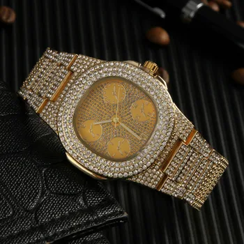Prabangos Prekės Roko Diamond Vyrai Žiūrėti Krištolo Apyrankė Aukso Sidabro Padengtą Didelis Ciferblatas Vyrų Kvarciniai Laikrodžiai Hip-Hop aukštos kokybės
