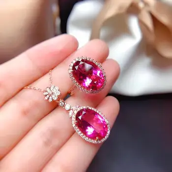 Prabangus didelis 10*kaip 14mm Sun flower Natūralus rožinis topazas perlas juvelyrikos rinkiniai, natūralus akmuo žiedas, Pakabukas S925 sidabro mergina, dovana, papuošalai