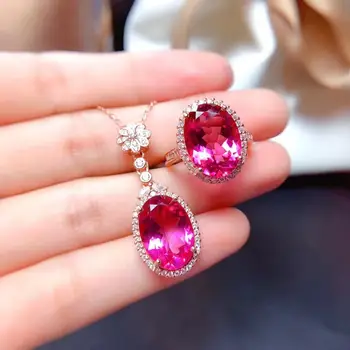 Prabangus didelis 10*kaip 14mm Sun flower Natūralus rožinis topazas perlas juvelyrikos rinkiniai, natūralus akmuo žiedas, Pakabukas S925 sidabro mergina, dovana, papuošalai
