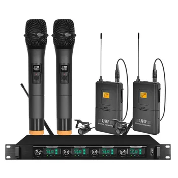Profesionalių belaidžių mikrofonų sistema, keturių rankų įrangos mikrofonas bevielis etapo veiklos lauko veikla mikrofonas