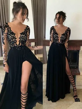 Puikus Naujas Juodos spalvos vakarinę Suknelę 2019 O-Kaklo, ilgomis Rankovėmis-Line Nėriniais, Šifono Grindų Ilgis Prom Dresses Chalatas de soriee