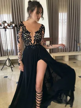 Puikus Naujas Juodos spalvos vakarinę Suknelę 2019 O-Kaklo, ilgomis Rankovėmis-Line Nėriniais, Šifono Grindų Ilgis Prom Dresses Chalatas de soriee
