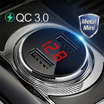 QC 3.0 Metalo Dual USB Telefono Automobilinis Įkroviklis LED Skaitmeninis Displėjus, 