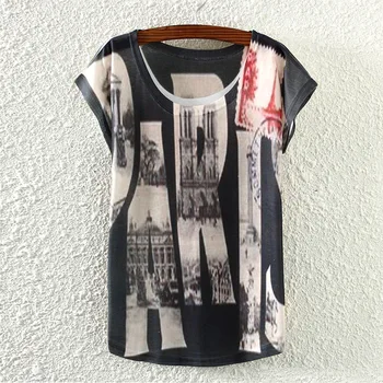 Raidžių Paryžiaus atspausdintas t-shirt moterims m. vasaros mados ponios tee viršuje tees trumpas rankovės O-kaklo merginos marškinėlius nemokamas pristatymas
