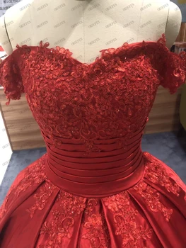 Raudona Kamuolys Suknelė Quinceanera Suknelės nuo Peties Saudo arabų Satino Korsetas Saldus 16 Dresses Prom vestidos de 15 anos debutante