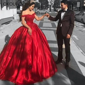 Raudona Kamuolys Suknelė Quinceanera Suknelės nuo Peties Saudo arabų Satino Korsetas Saldus 16 Dresses Prom vestidos de 15 anos debutante