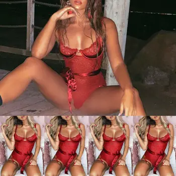 Raudona Moterų Sexy Nėrinių Tvarstis Bodysuit Leotard Romper Viršūnes Jumpsuit Vasaros Plius Dydis S-XXL