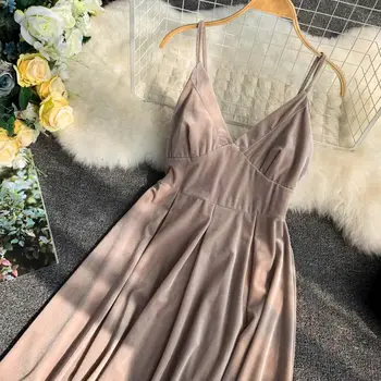 Retro vientisos spalvos aksomo, V-kaklo, juosmens lieknėjimo laukinių midi suknelė 2019 naujas mados moterų suaugusiųjų drabužiai