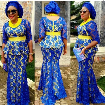 Royal Blue Aso Ebi Pietų Afrikos Vakarinės Suknelės Undinė Scoop Pusė Rankovėmis Ir Nėrinių Nigerija, Saudo Arabų Vakare Gown Prom Dress