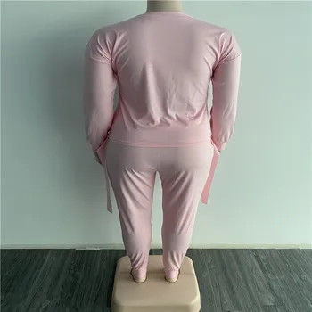 Rožinė Plius Dydis Atsitiktinis Dviejų dalių Sweatsuits Moterų Apvalios Kaklo, ilgomis Rankovėmis Marškinėlius Viršūnes ir Liesas Antblauzdžiai Drabužių Streetwear
