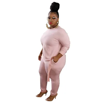 Rožinė Plius Dydis Atsitiktinis Dviejų dalių Sweatsuits Moterų Apvalios Kaklo, ilgomis Rankovėmis Marškinėlius Viršūnes ir Liesas Antblauzdžiai Drabužių Streetwear