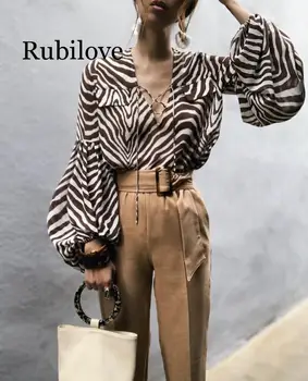 Rubilove Elegantiškas Moterų Palaidinė 2019 Mados Spausdinti Ilgi Marškinėliai Moteriška Visą Rankovės Sexy Nėrinių Darbo Viršūnių Atsitiktinis