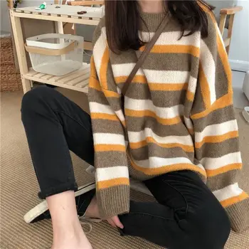 Rudens / žiemos naujas stilius ištižęs spalvų kontrastas juostele megztinis laisvi ir universalus, kurioje tendencijos plonu dugnu trikotažas